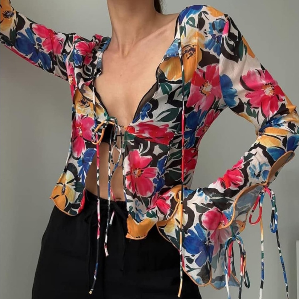 Rumored Colorful Floral Tie-Front Blouse